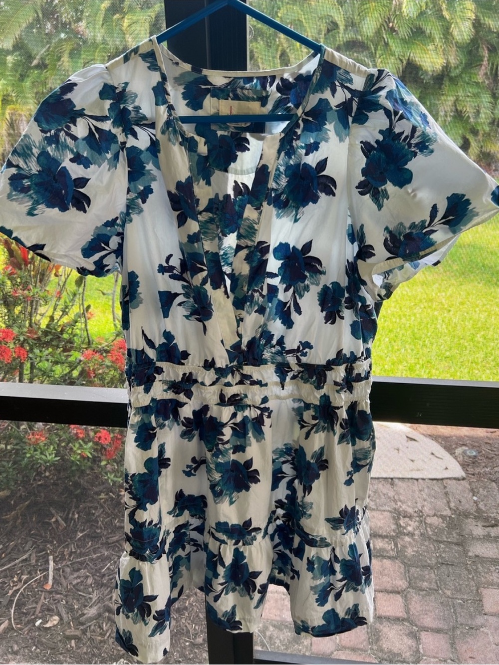 Anthropologie Cream Dress with Blue & Teal Floral Print size XL (not 2XL)